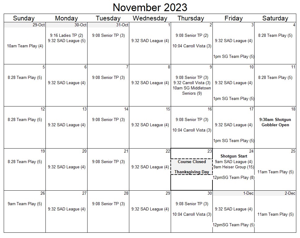 Calendar - Quail Valley Golf Course